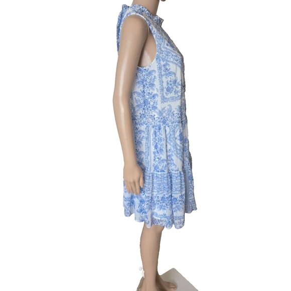 Calvin Klein Blue White Paisley Print Tiered Tie Mock Neck Shift Dress Size 8 - Picture 2 of 6